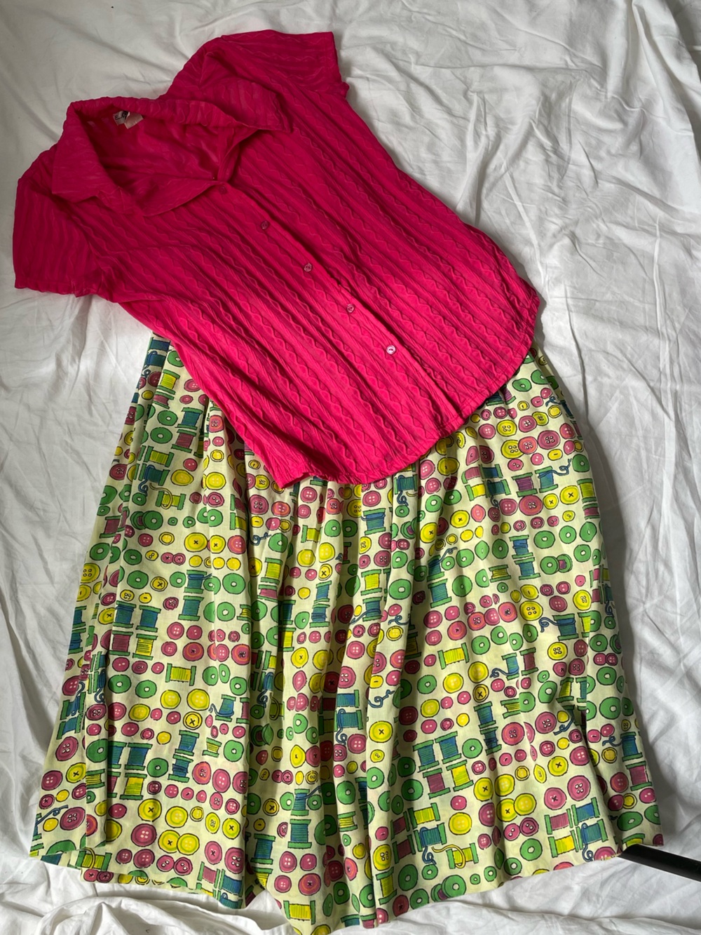 Bright Pink Button-Front Blouse & Vintage Patterned Women’s Skirt and Cami